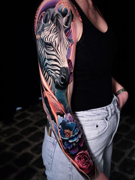 Realism zebra and flowers tattoo by @kseniasimone