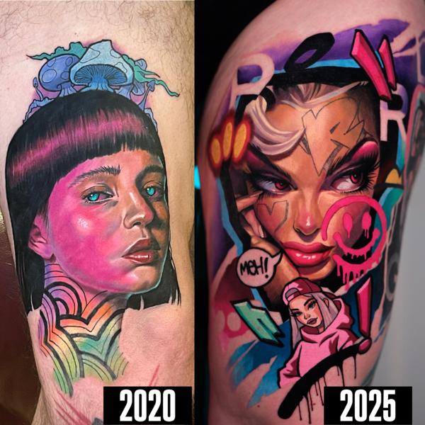 New School colorful portraits tattoo by @kyle._tattoos