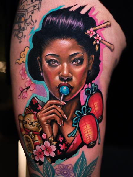 Realism woman with lollipop tattoo by @kyle._tattoos