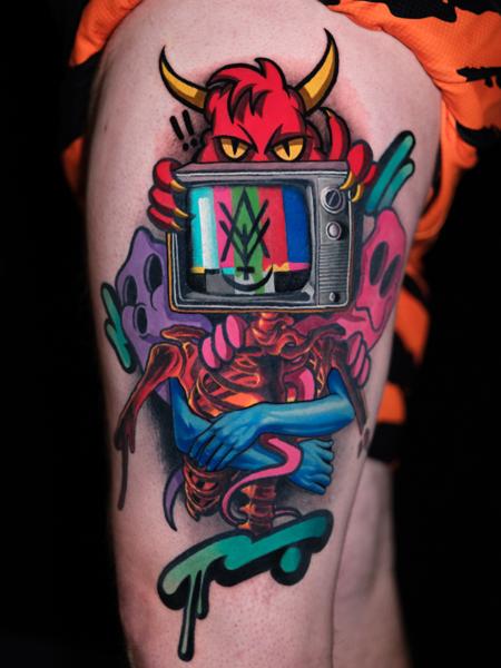 New School devil with tv tattoo by @kyle._tattoos