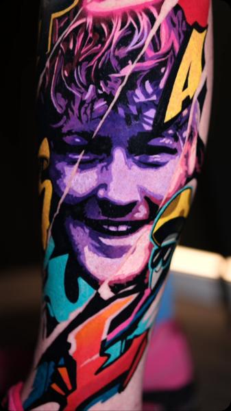 New School colorful portrait tattoo by @kyle._tattoos