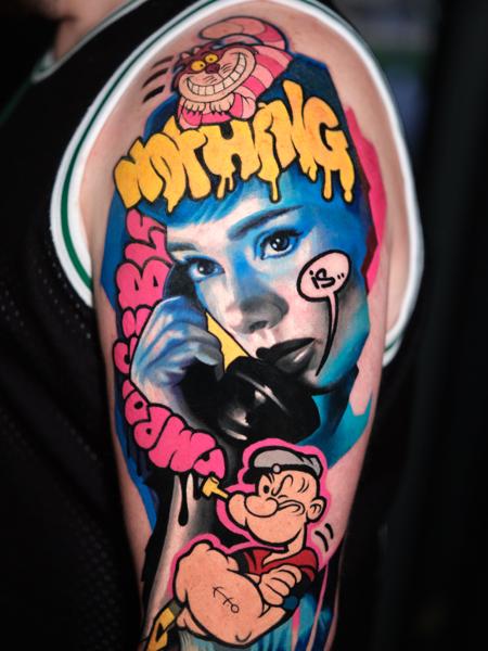 New School pop art collage tattoo by @kyle._tattoos