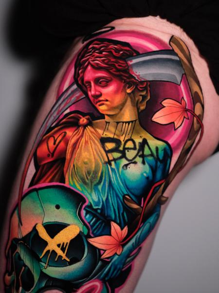 New School statue graffiti tattoo by @kyle._tattoos