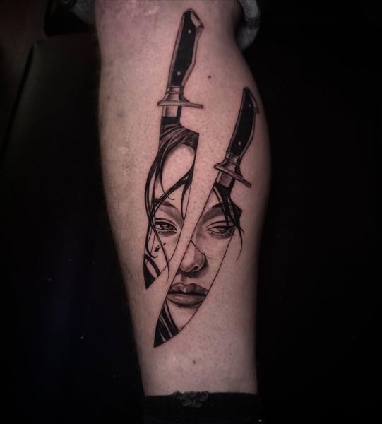 Illustrative knife portrait tattoo by @kylepotterink