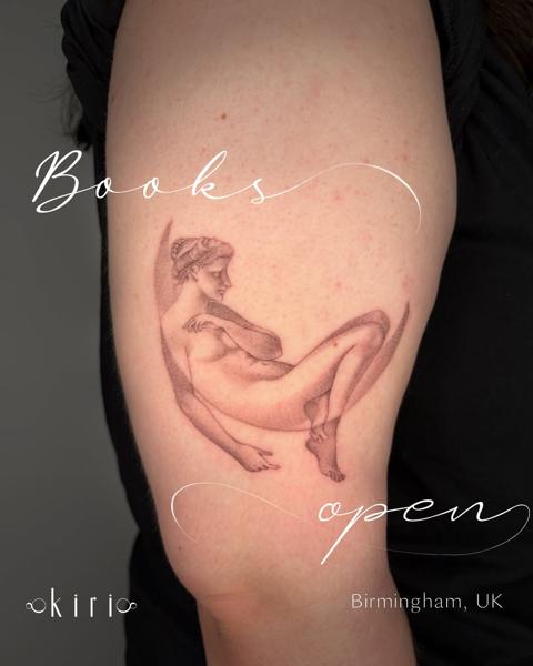 Fine line classical figure tattoo by @kiri.vrs