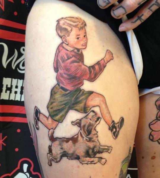 Illustrative running boy and dog tattoo by @lalhardy