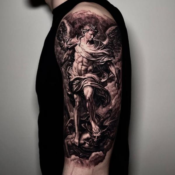 Realism angelic battle tattoo by @lazaros_brone