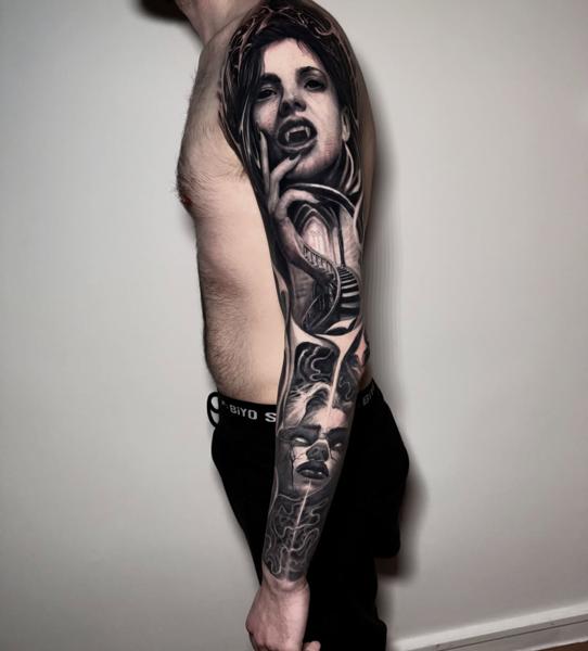 Realism vampire woman tattoo by @lazaros_brone