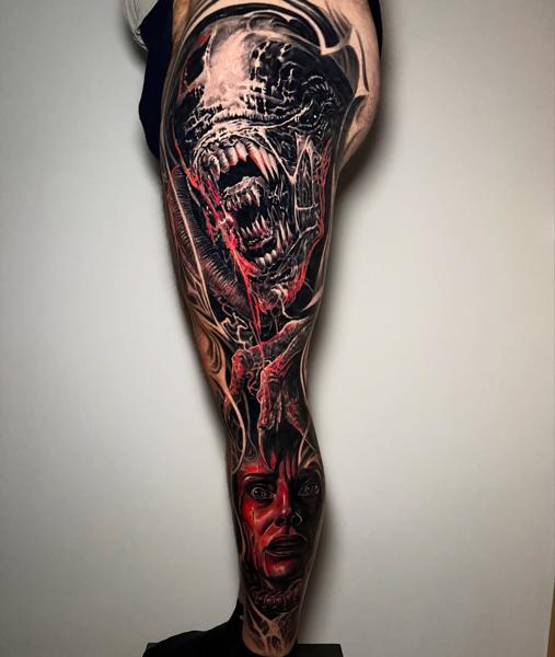 Realism horror portrait tattoo by @lazaros_brone