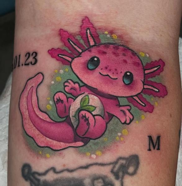 Anime cute axolotl tattoo by @leahmoule