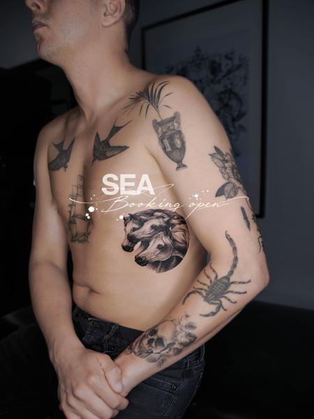 Realism horse heads tattoo by @lebyla