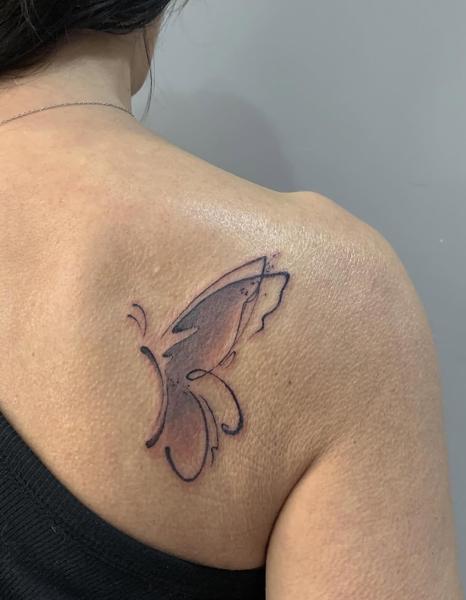 Fine line abstract butterfly tattoo by @deyatatts