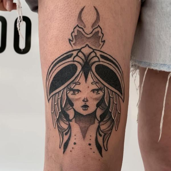 Blackwork stylized horned woman tattoo by @deyatatts