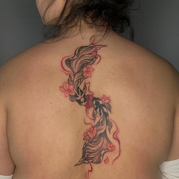 Illustrative koi fish lotus tattoo by @deyatatts