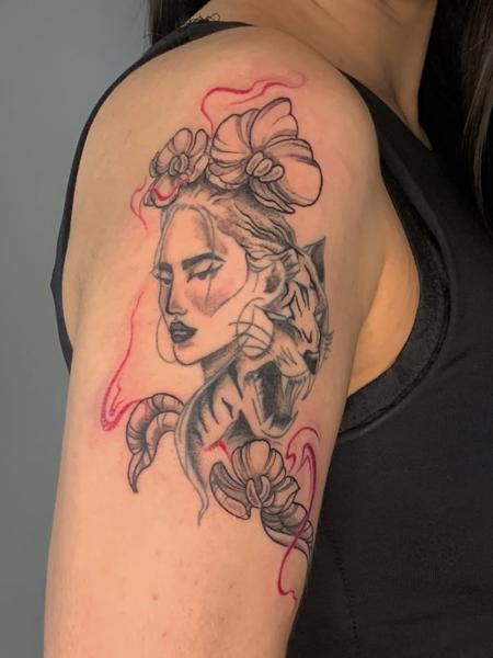 Illustrative floral woman tiger tattoo by @deyatatts