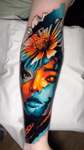 Realism floral portrait tattoo by @lennoxtattoo