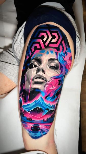 Realism geometric portrait tattoo by @lennoxtattoo