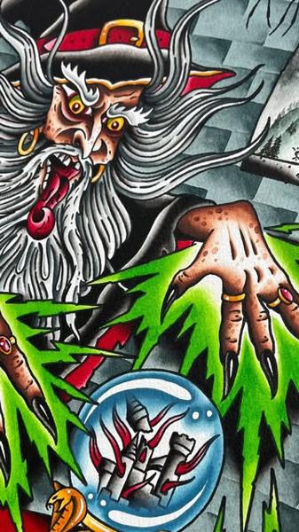 Traditional wizard and crystal ball tattoo by @lewismckechnie
