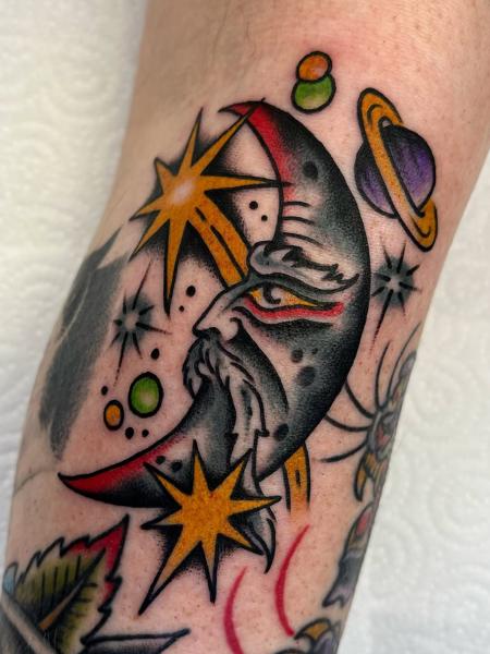 Traditional celestial moon tattoo by @lewismckechnie