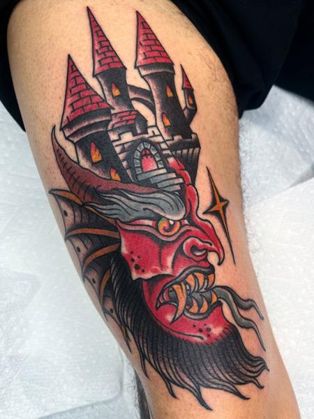 Traditional castle demon tattoo by @lewismckechnie