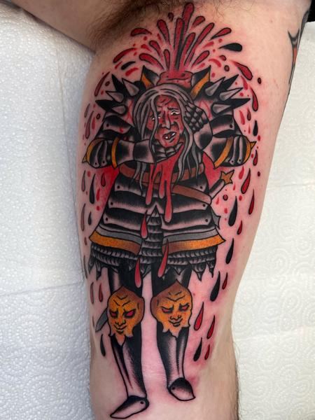 Traditional bleeding warrior tattoo by @lewismckechnie