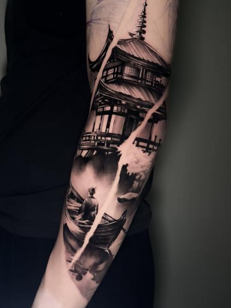 Realism japanese temple tattoo by @ladylia_art
