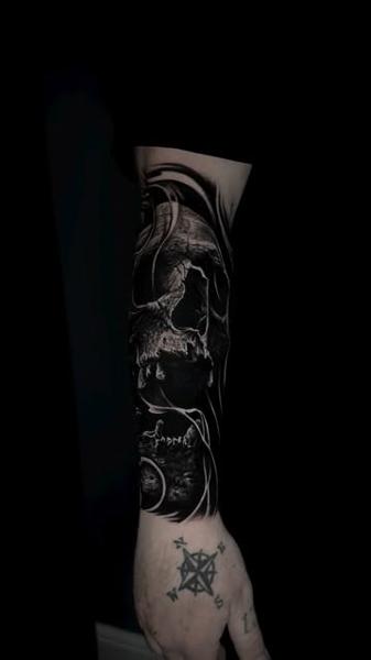 Realism dinosaur scene tattoo by @ozkotattooart