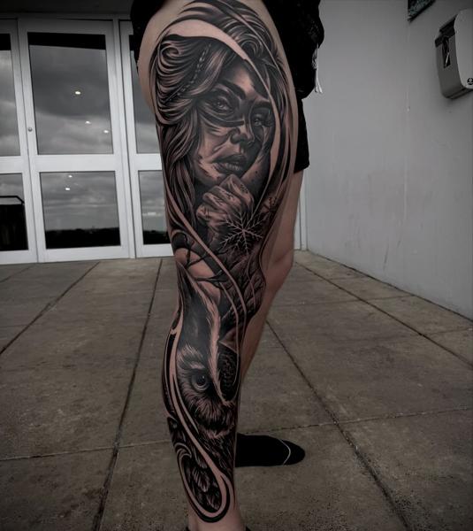 Realism woman and wolf tattoo by @ozkotattooart