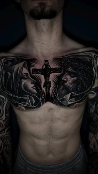 Realism religious portrait tattoo by @ozkotattooart