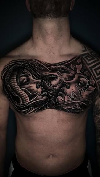 Realism medusa faces tattoo by @ozkotattooart
