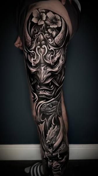 Japanese japanese mask tattoo by @ozkotattooart