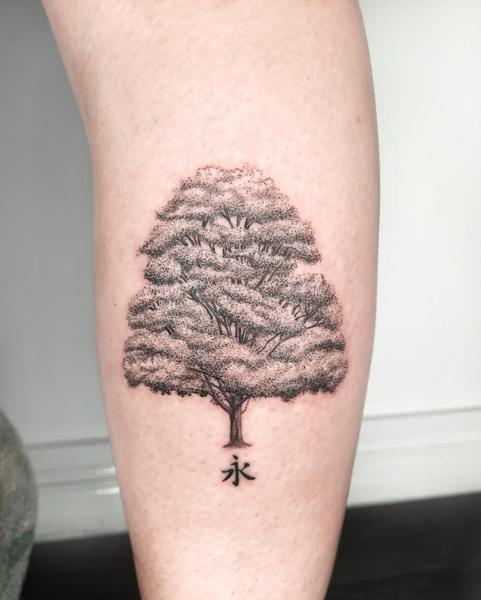 Dotwork tree with kanji tattoo by @libertyctattoo