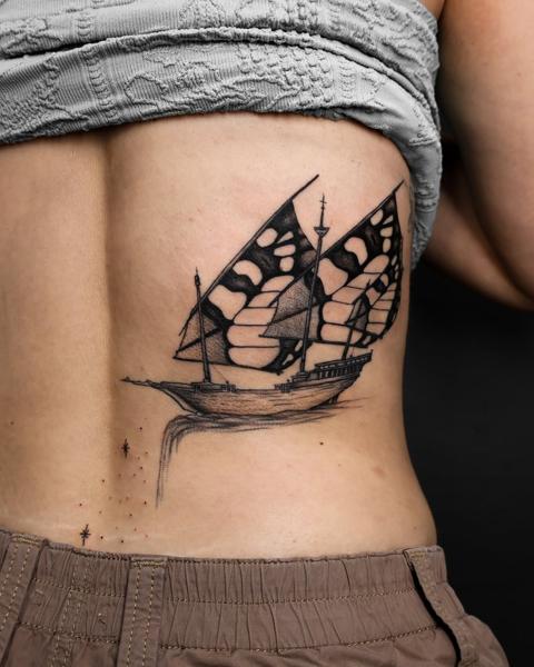 Blackwork sailing ship tattoo by @libertyctattoo