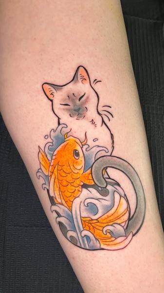 Traditional cat and koi tattoo by @linkachuu.tattoo