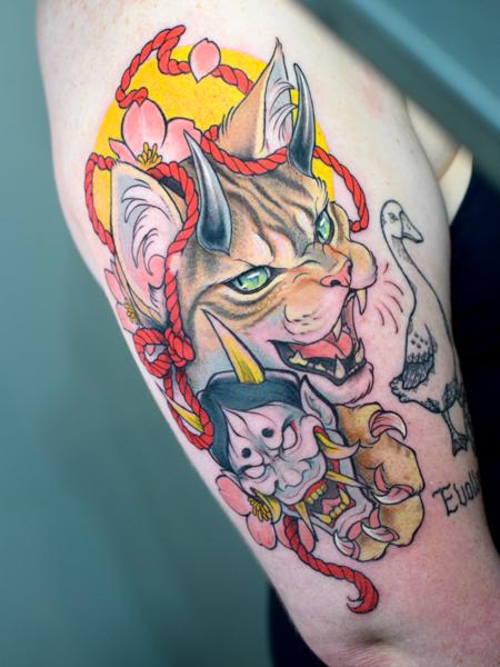 Japanese demon cat tattoo by @linkachuu.tattoo