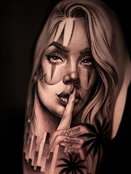Realism clown woman tattoo by @lisa__ink