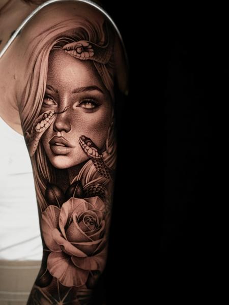 Realism woman with snakes tattoo by @lisa__ink