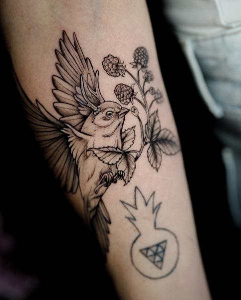 Fine Line bird and berries tattoo by @little_jenny_wren
