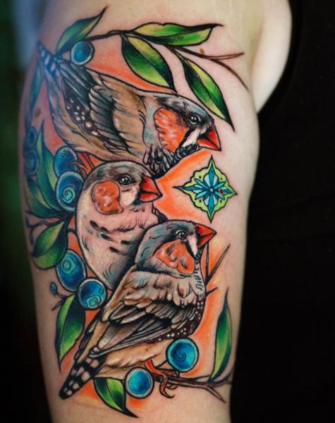 Traditional birds and leaves tattoo by @little_jenny_wren