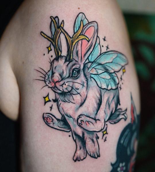 Illustrative jackalope tattoo by @little_jenny_wren
