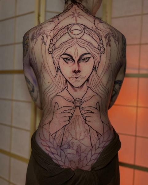 Linework mystical figure tattoo by @lore.morato