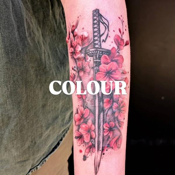 Japanese katana cherry blossoms tattoo by @lorr.ink