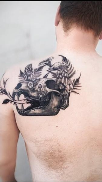 Realism skull and fungi tattoo by @lorr.ink