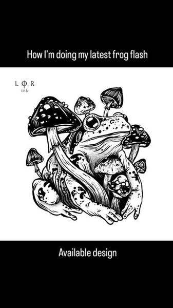 Blackwork frog mushrooms tattoo by @lorr.ink