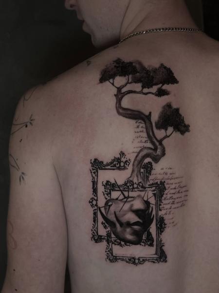 Illustrative blackwork bonsai tree mask tattoo by @loreta.win.tattoo