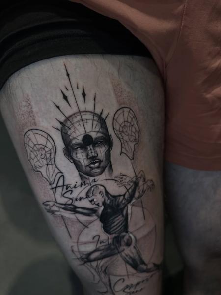 Illustrative stylized figure tattoo by @loreta.win.tattoo