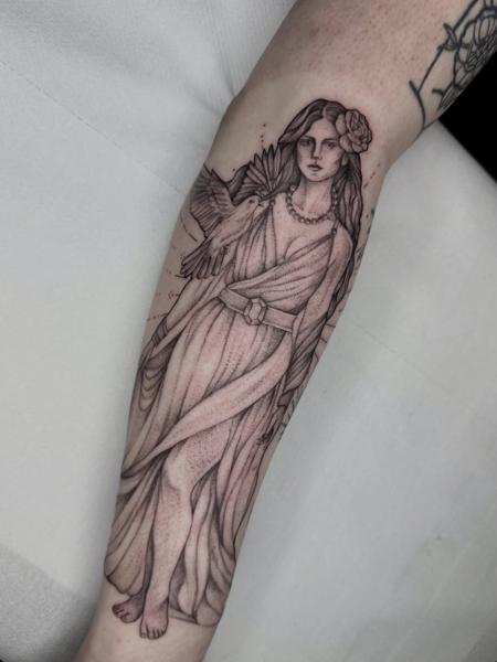 Fine line dotwork goddess figure tattoo by @lucky_lou_tattoos