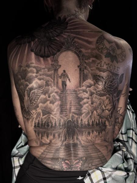 Realism heavenly scene tattoo by @luisjtattoos