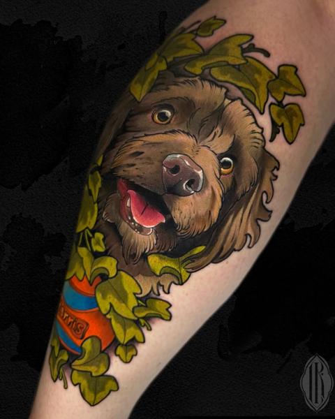 Illustrative happy dog portrait tattoo by @lukaskaytattoo