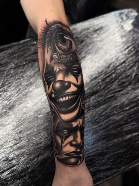 Realism surreal clown tattoo by @lukaszmtattoo
